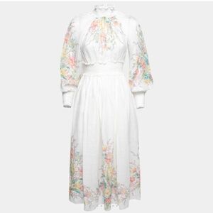 Zimmermann Zimmermann White Floral Printed Ramie Zinnia Shirred Midi Dress